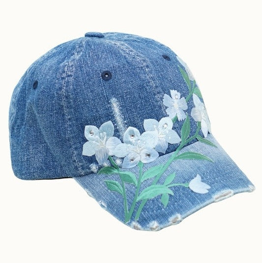 White Floral Vine Denim Baseball Cap