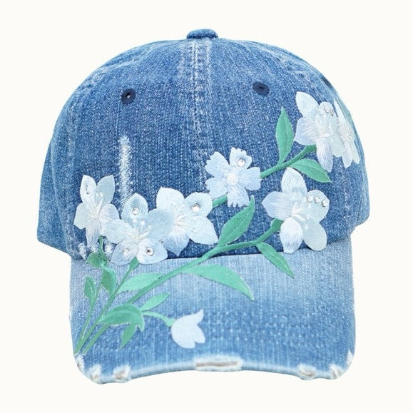 White Floral Vine Denim Baseball Cap