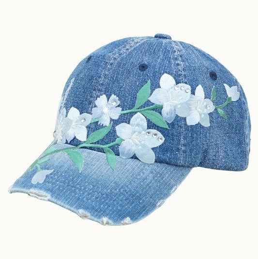 White Floral Vine Denim Baseball Cap