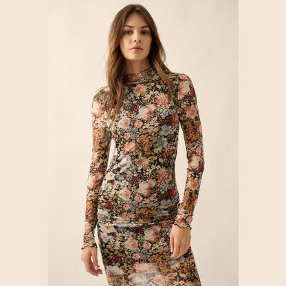 Cassia Floral Knit Lettuce-Edge Midi Dress