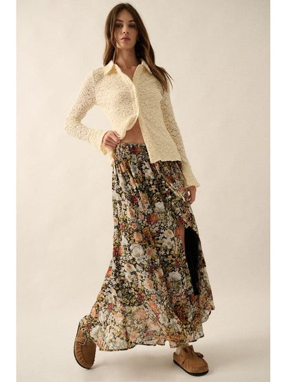 Justine Floral Front Slit Woven Maxi Skirt