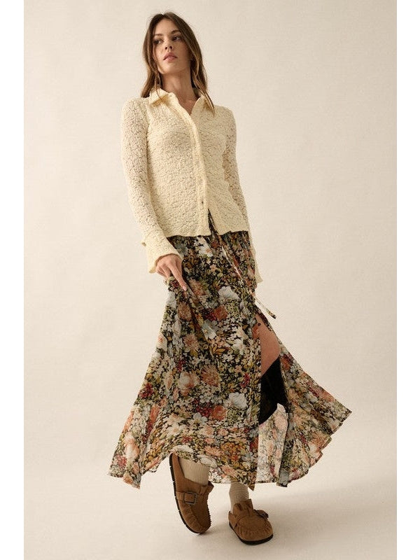 Justine Floral Front Slit Woven Maxi Skirt