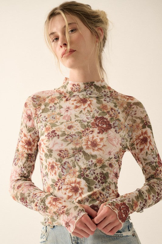 Floral Mesh Lettuce-Edge Thumbhole High-Neck Top