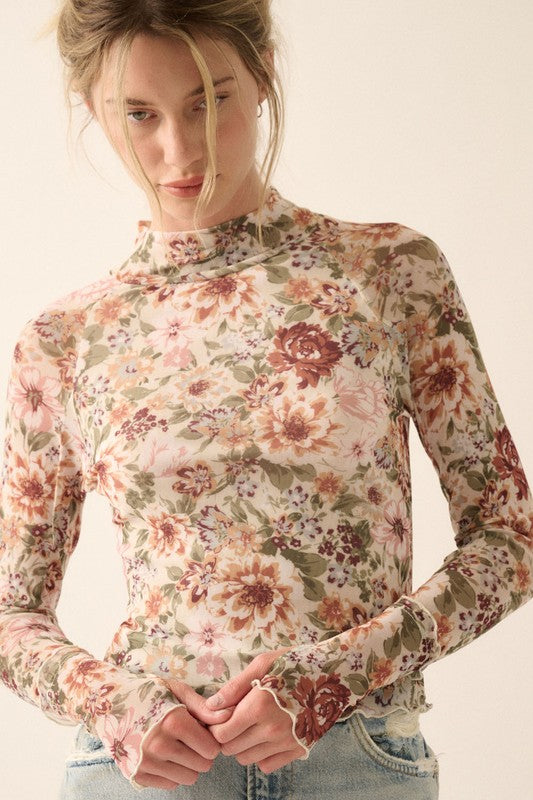 Floral Mesh Lettuce-Edge Thumbhole High-Neck Top