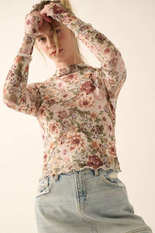 Floral Mesh Lettuce-Edge Thumbhole High-Neck Top