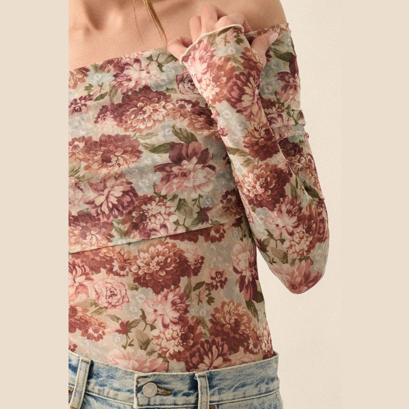 Amber Floral Mesh Off-Shoulder Knit Bodysuit