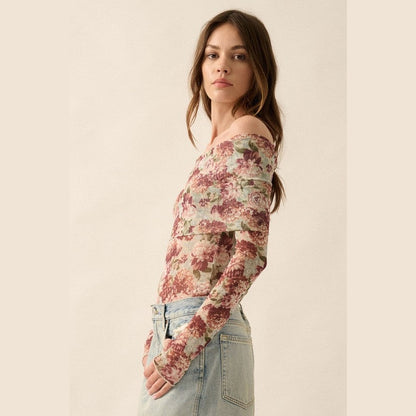 Amber Floral Mesh Off-Shoulder Knit Bodysuit