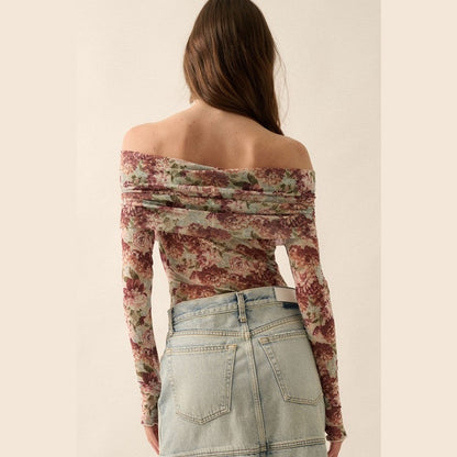 Amber Floral Mesh Off-Shoulder Knit Bodysuit