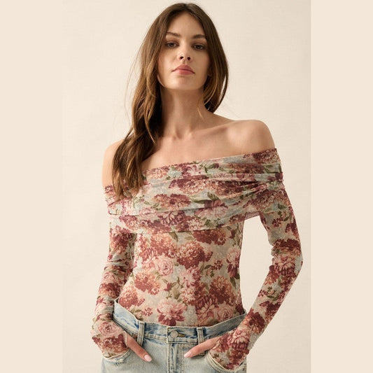 Amber Floral Mesh Off-Shoulder Knit Bodysuit