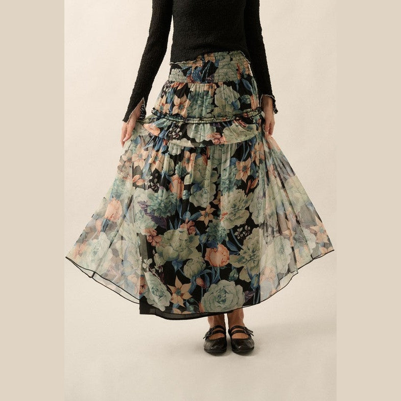 Cara Floral Sheer Smocked-Waist Yoke Maxi Skirt