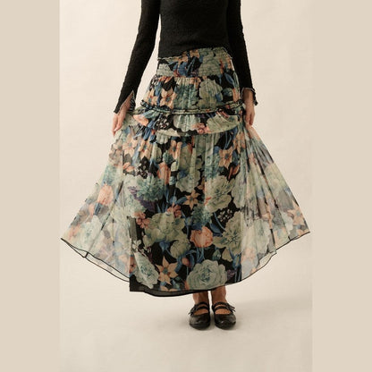 Cara Floral Sheer Smocked-Waist Yoke Maxi Skirt