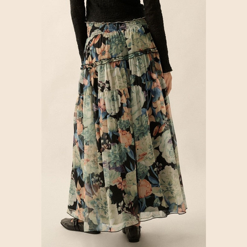 Cara Floral Sheer Smocked-Waist Yoke Maxi Skirt