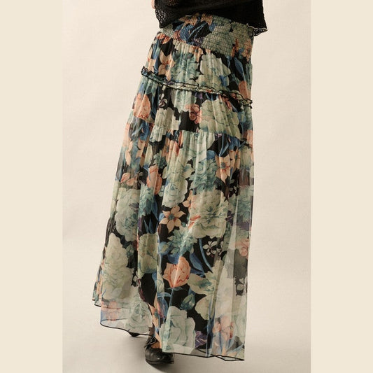 Cara Floral Sheer Smocked-Waist Yoke Maxi Skirt