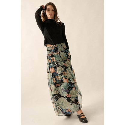 Cara Floral Sheer Smocked-Waist Yoke Maxi Skirt