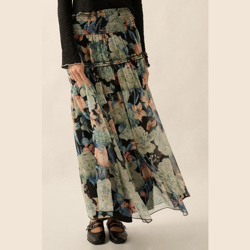 Cara Floral Sheer Smocked-Waist Yoke Maxi Skirt