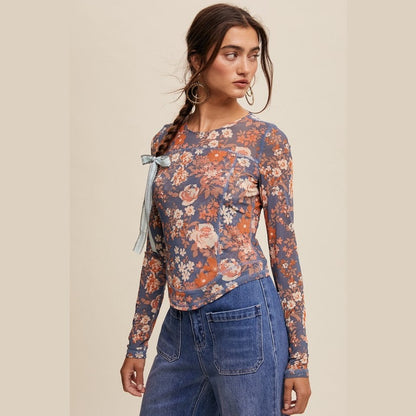 Mallory Floral Print Mesh Fitted Long Sleeve Top