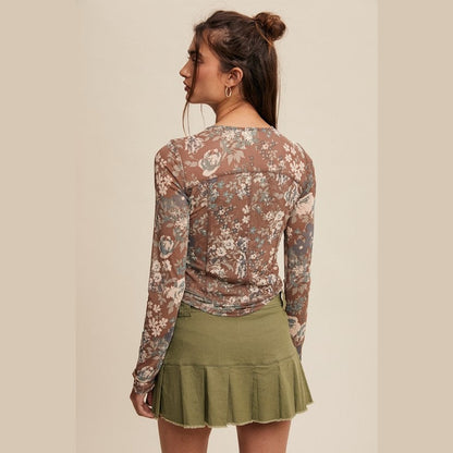 Mallory Floral Print Mesh Fitted Long Sleeve Top