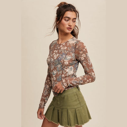 Mallory Floral Print Mesh Fitted Long Sleeve Top