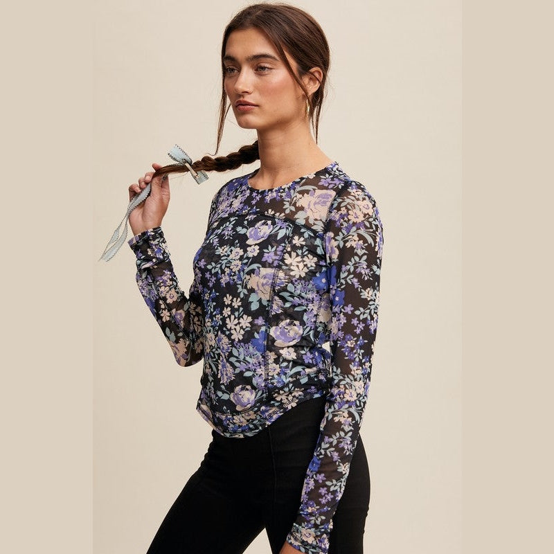 Mallory Floral Print Mesh Fitted Long Sleeve Top