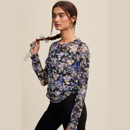 Mallory Floral Print Mesh Fitted Long Sleeve Top