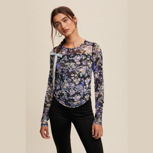 Mallory Floral Print Mesh Fitted Long Sleeve Top