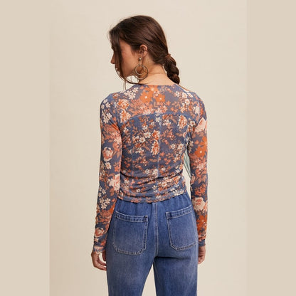 Mallory Floral Print Mesh Fitted Long Sleeve Top