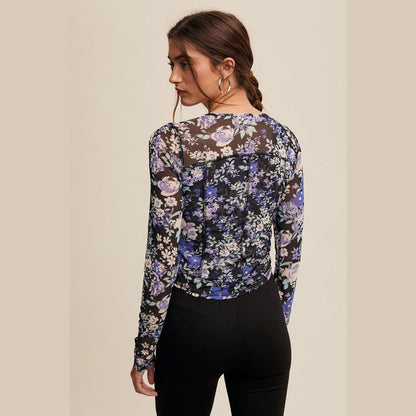 Mallory Floral Print Mesh Fitted Long Sleeve Top