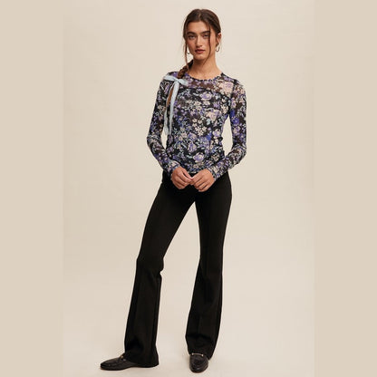 Mallory Floral Print Mesh Fitted Long Sleeve Top