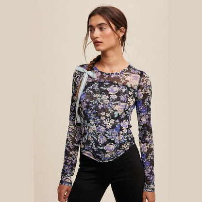 Mallory Floral Print Mesh Fitted Long Sleeve Top