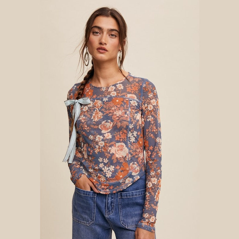 Mallory Floral Print Mesh Fitted Long Sleeve Top