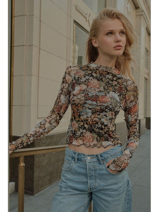 Camellia Floral Semi-Sheer Mesh Long Sleeve Knit Top