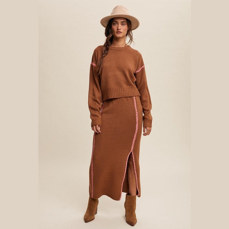 Catherine Contrast Stitch Knit Sweater and Long Skirt Set