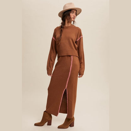 Catherine Contrast Stitch Knit Sweater and Long Skirt Set