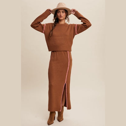 Catherine Contrast Stitch Knit Sweater and Long Skirt Set