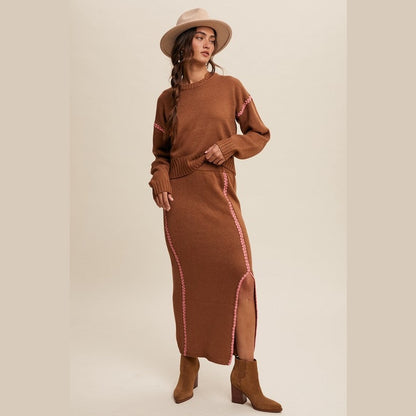 Catherine Contrast Stitch Knit Sweater and Long Skirt Set