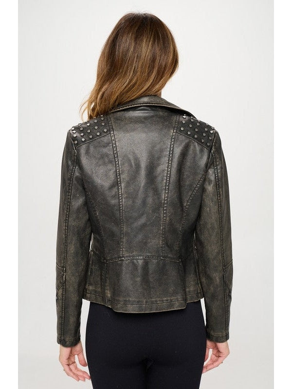 Jolie Studded Classic Moto Vegan Leather Jacket