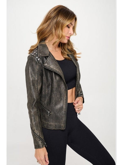 Jolie Studded Classic Moto Vegan Leather Jacket