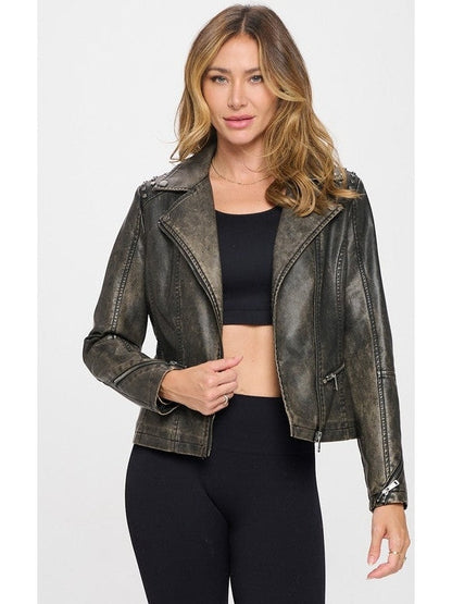 Jolie Studded Classic Moto Vegan Leather Jacket