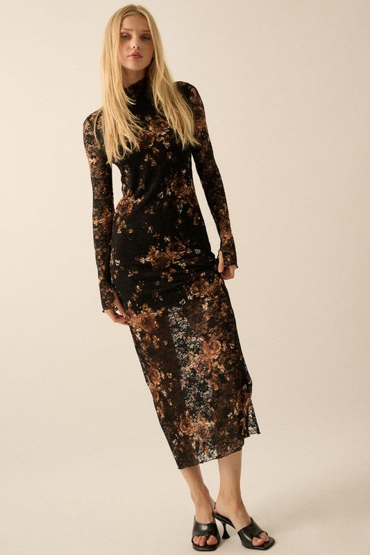 Tansy Floral-Print Lace Mock-Neck Long-Sleeve Midi Dress