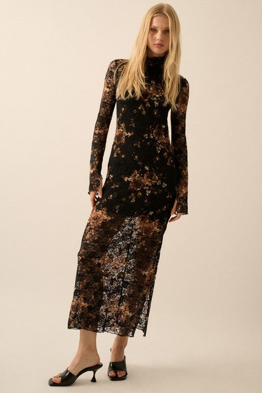 Tansy Floral-Print Lace Mock-Neck Long-Sleeve Midi Dress