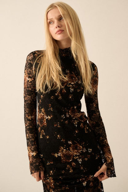 Tansy Floral-Print Lace Mock-Neck Long-Sleeve Midi Dress