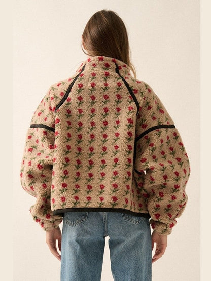 Floral-Print Fleece Half-Zip Pullover Jacket