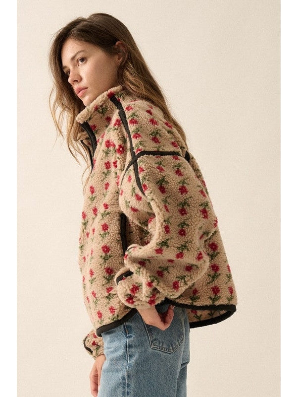 Floral-Print Fleece Half-Zip Pullover Jacket