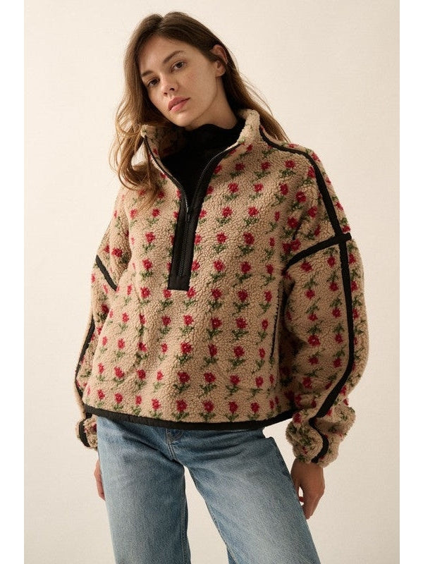 Floral-Print Fleece Half-Zip Pullover Jacket