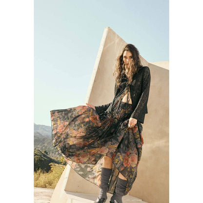 Floral-Print Smocked Drop-Waist Ruffle Maxi Skirt