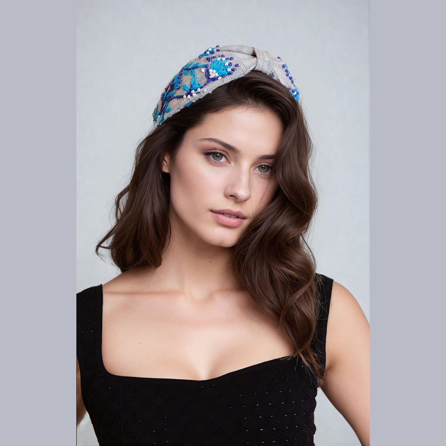 Aqua Blossom Embroidered Headband