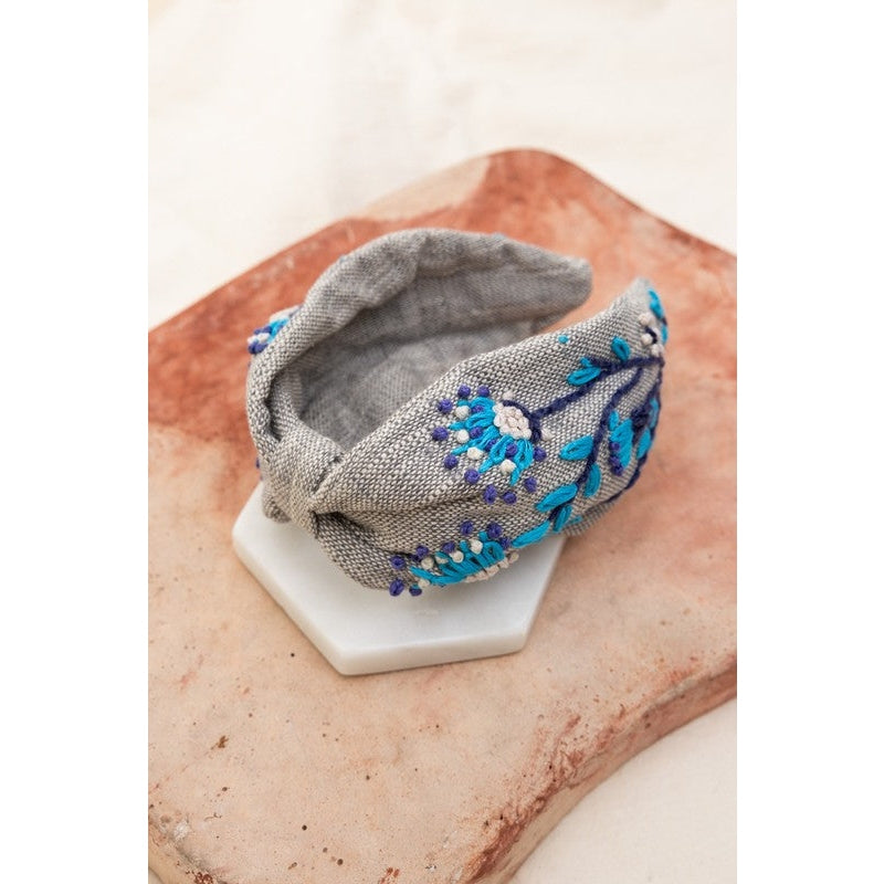 Aqua Blossom Embroidered Headband