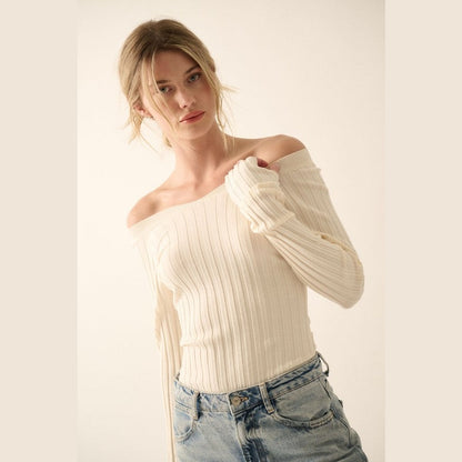 Solid Rib-Knit Off-Shoulder Bodysuit