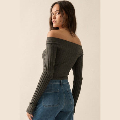 Solid Rib-Knit Off-Shoulder Bodysuit