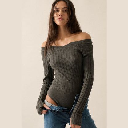 Solid Rib-Knit Off-Shoulder Bodysuit